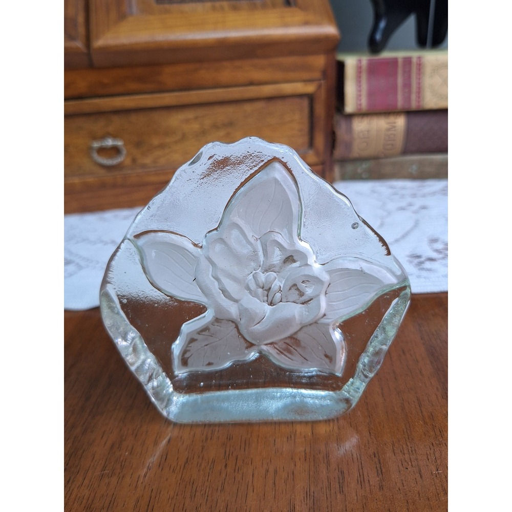 Vintage Frosted Glass Magnolia Flower Paperweight Standing Art Glass Plaque
